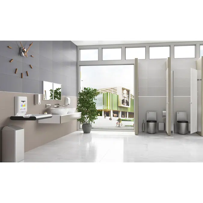 Horizontal baby changing station with ionizer made of white polypropylene and stainless steel exterior matte black finish