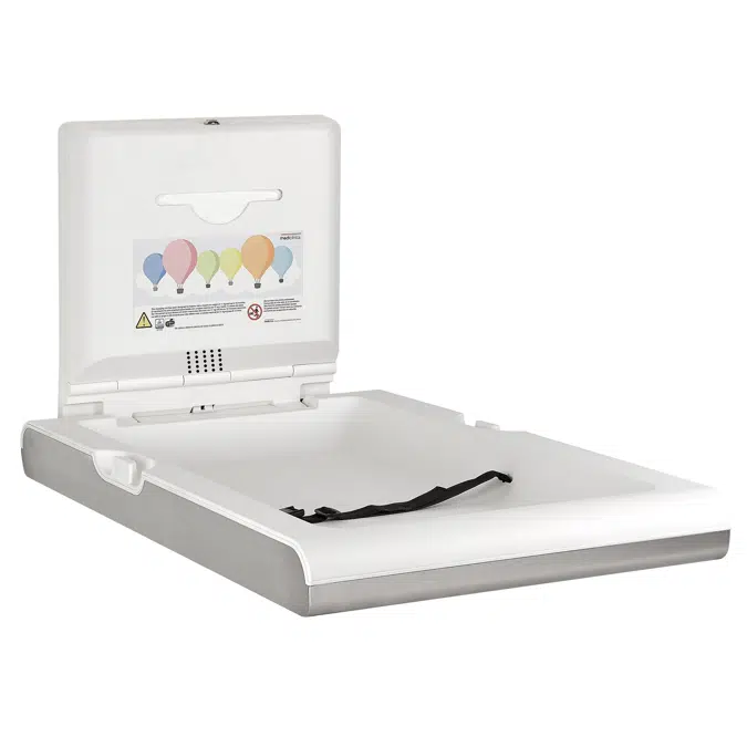 Vertical baby changing station with ionizer made of white polypropylene and stainless steel exterior matte black finish