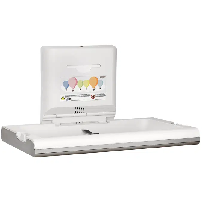 Horizontal baby changing station with ionizer made of white polypropylene and stainless steel exterior matte black finish