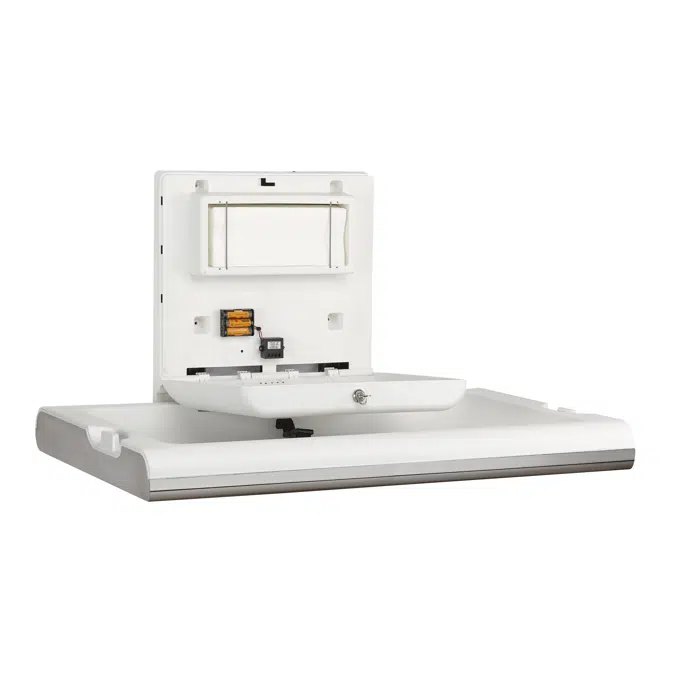 Horizontal baby changing station with ionizer made of white polypropylene and stainless steel exterior satin finish