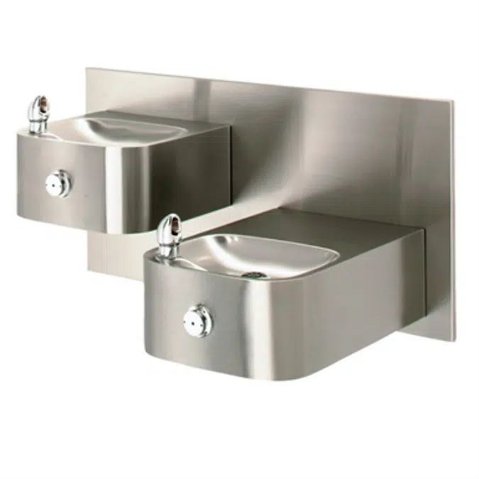 Model 1119, "Hi-Lo" Wall Mounted Stainless Steel Drinking Fountains with a Back Panel