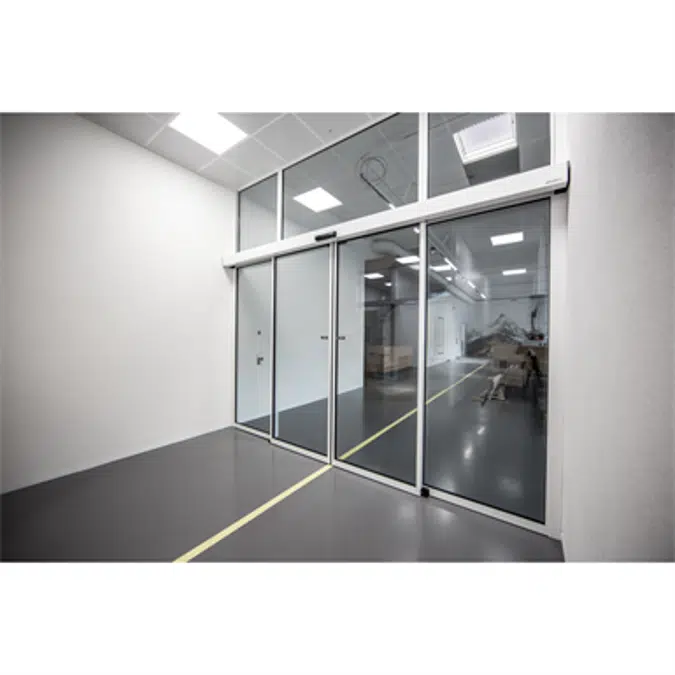 Porta scorrevole automatica (efficienza energetica) - 2 ante - con anta fissa - montaggio su architrave - SL/PST