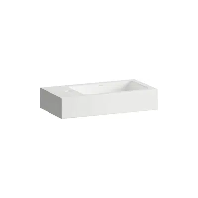 XPLORE.S Washbasin, wall-hung, made of Vitreon Steel, shelf left, with tap bank, with one tap hole, without overflow, including fixing set, drain valve图像