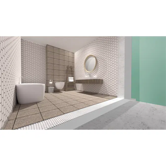 Waterproofing of bathrooms with ISOMAT SL 17, fixing of ceramic tiles with ISOMAT AK 20 and pointing tile joints with the water-repellent, fungal resistant grout MULTIFILL SMALTO 1-8