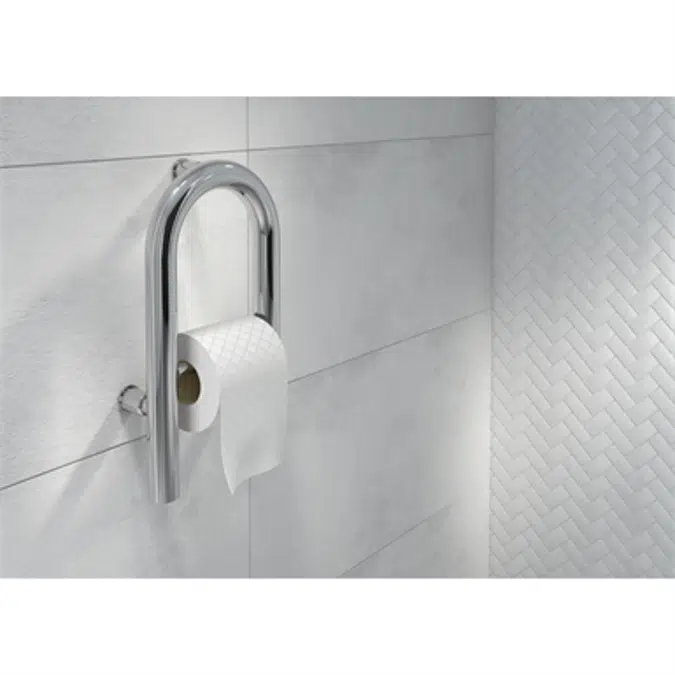 Vital wall-mounted steel grab bar with space for toilet paper