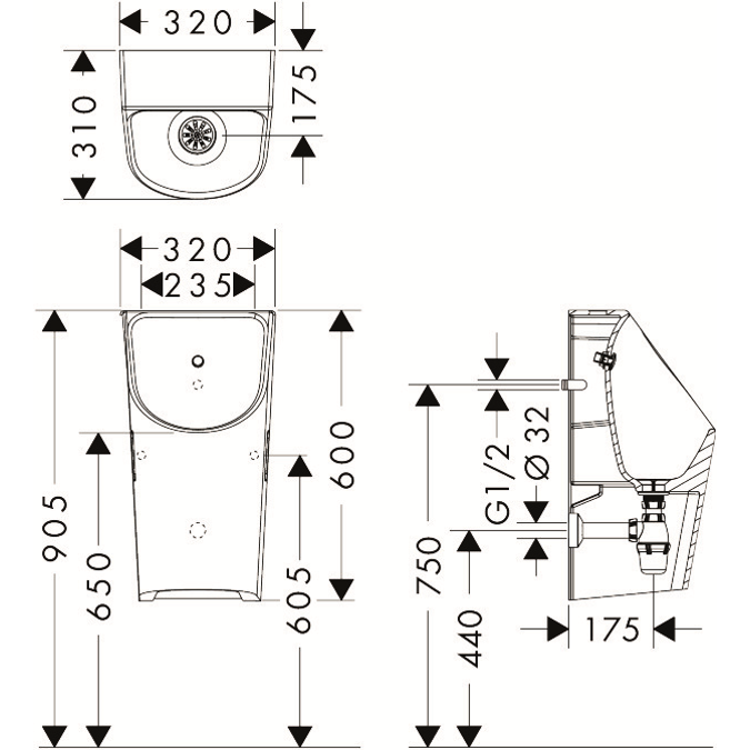 60286XXX EluPura Original S Urinal with rear water supply and bottom/rear outlet rimless