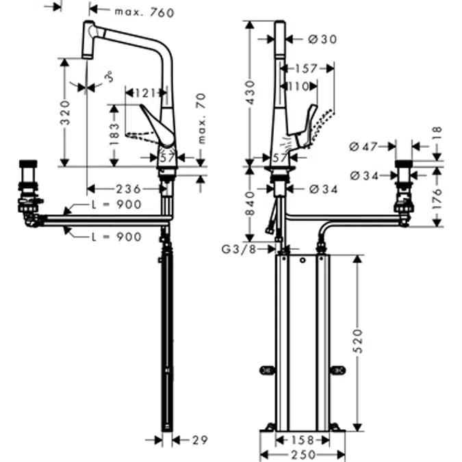 2-hole single lever kitchen mixer with pull-out spray