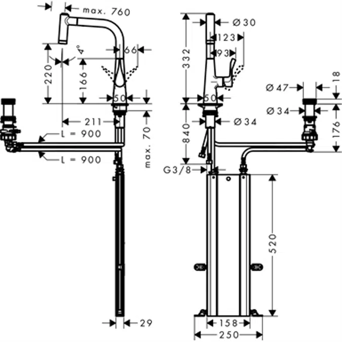 2-hole single lever kitchen mixer with pull-out spray