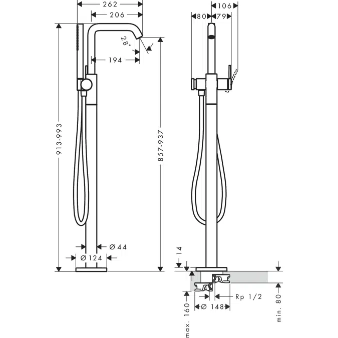Tecturis S Single lever bath mixer floor-standing