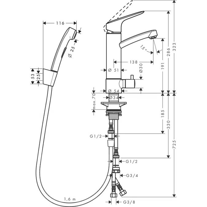 Logis Single lever basin mixer with device shut-off valve with bidette hand shower and shower hose 160 cm DZR