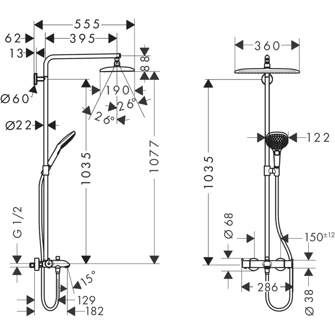 Raindance E Showerpipe 360 1jet EcoSmart 9 l/min with bath thermostat