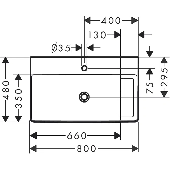 61027XXX Xelu Q Countertop basin ground with shelf right 800/480 with tap hole without overflow, SmartClean