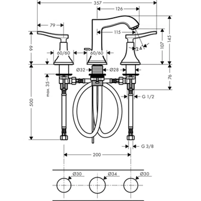 Metropol Classic 3-hole basin mixer 110 with lever handles and pop-up waste set