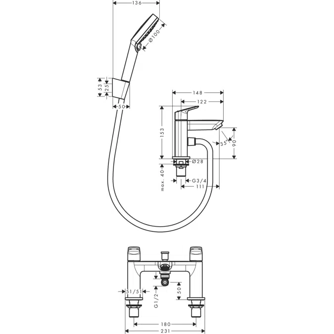 Logis 2-hole rim mounted bath mixer with diverter valve and Vernis Blend hand shower Vario