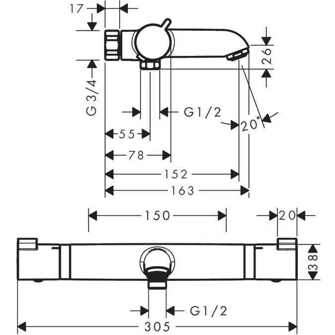 Ecostat Bath thermostat Comfort for exposed installation DZR