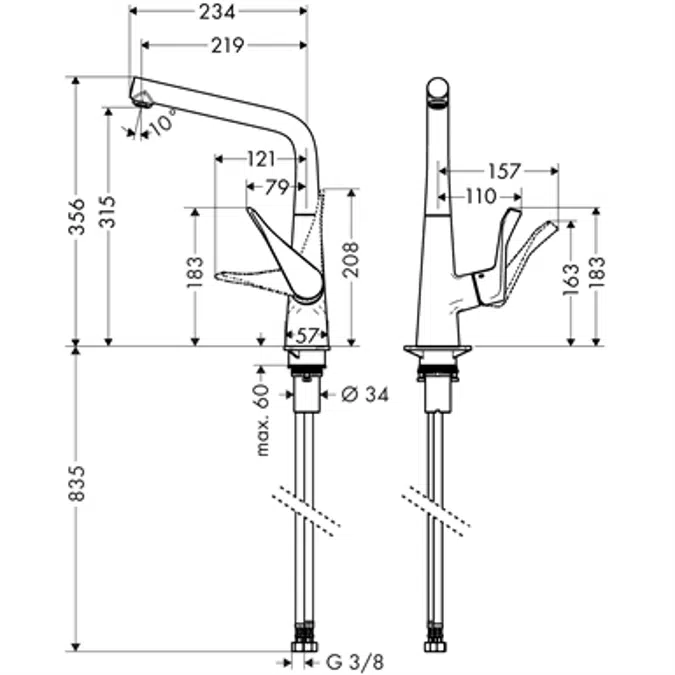 Single lever kitchen mixer for installation in front of a window