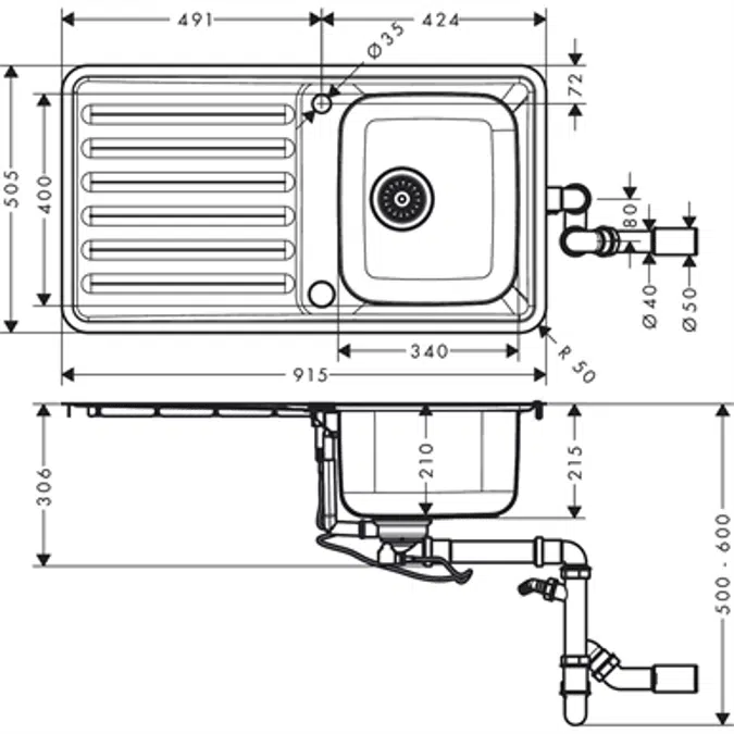 Built-in sink 340/400 with drainboard