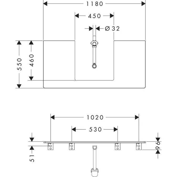 Xelu Q Console 1180/550 with cutout in the middle for countertop basin ground 500/480