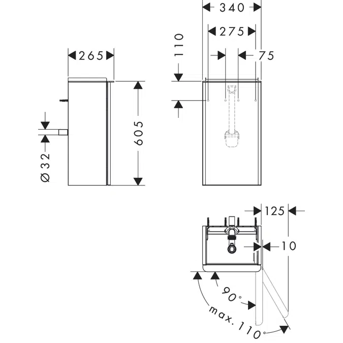 Xelu Q Vanity unit Diamond Matt Grey 340/245 for handrinse basin, door hinge right