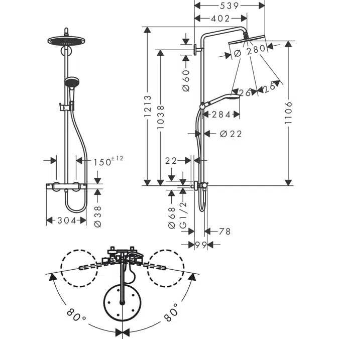Croma Select S Showerpipe 280 1jet with thermostat and hand shower Raindance Select S 120 3jet