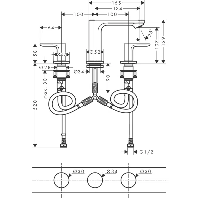 Rebris S 3-hole basin mixer 110 with pop-up waste set