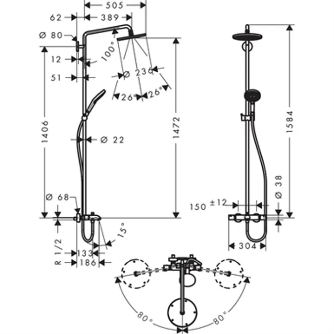 Raindance S Showerpipe 240 1jet with bath thermostat