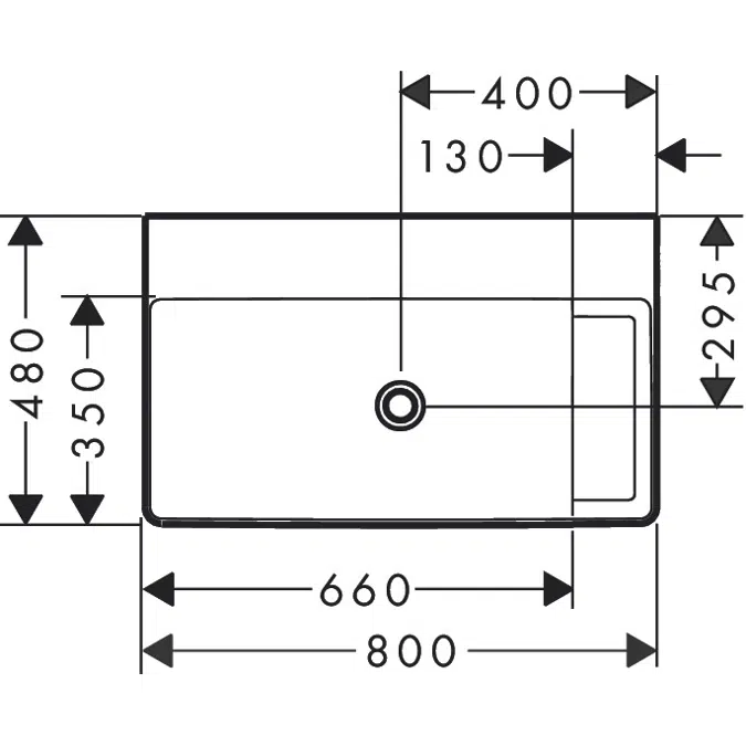 61029XXX Xelu Q Countertop basin ground with shelf right 800/480 without tap hole and overflow, SmartClean