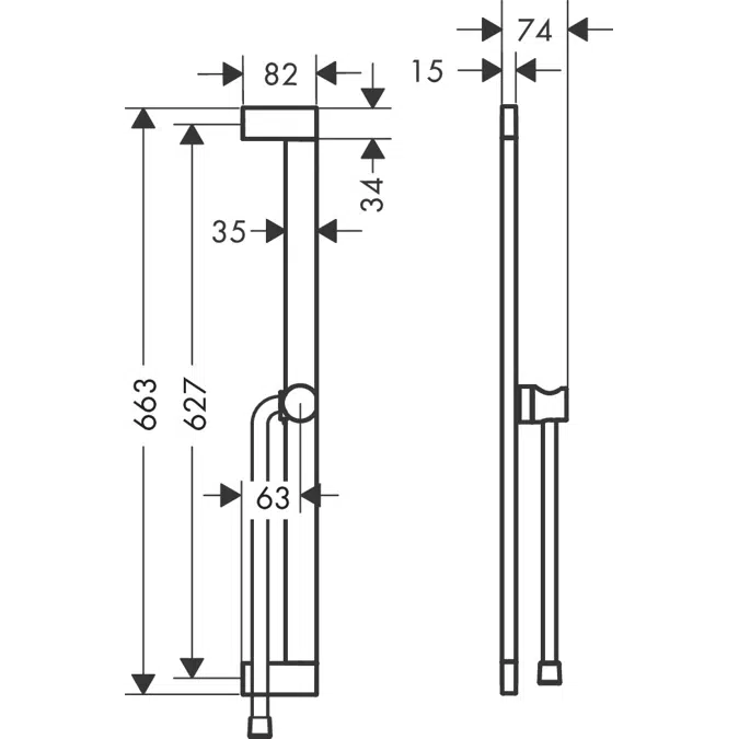Unica Shower bar E Puro 65 cm with easy slide hand shower holder and Isiflex shower hose 160 cm