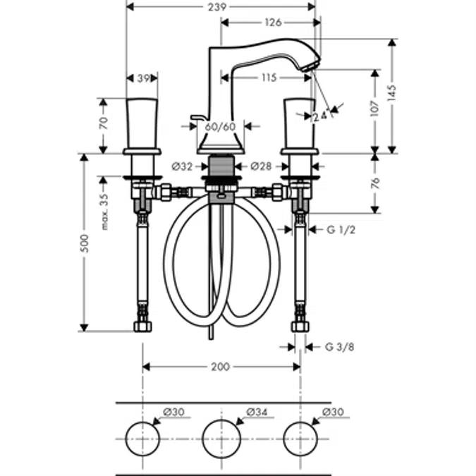 Metropol Classic 3-hole basin mixer 110 with zero handles and pop-up waste set