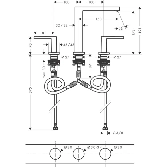 Tecturis E 3-hole basin mixer 150 with push-open waste set