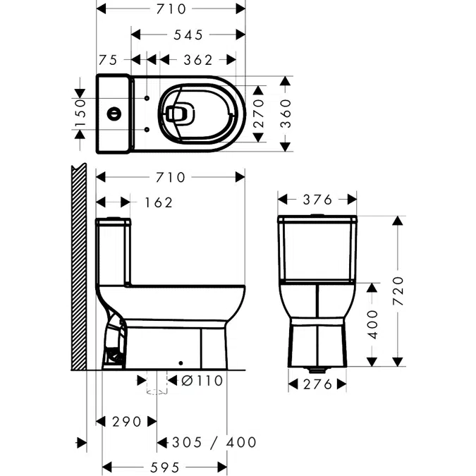 MitaPura Original S Floorstanding WC Set one piece with vertical outlet 305 rimless