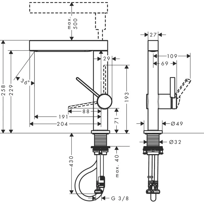 Finoris Single lever basin mixer 230 with pull-out spray, 2jet and push-open waste set Nordics