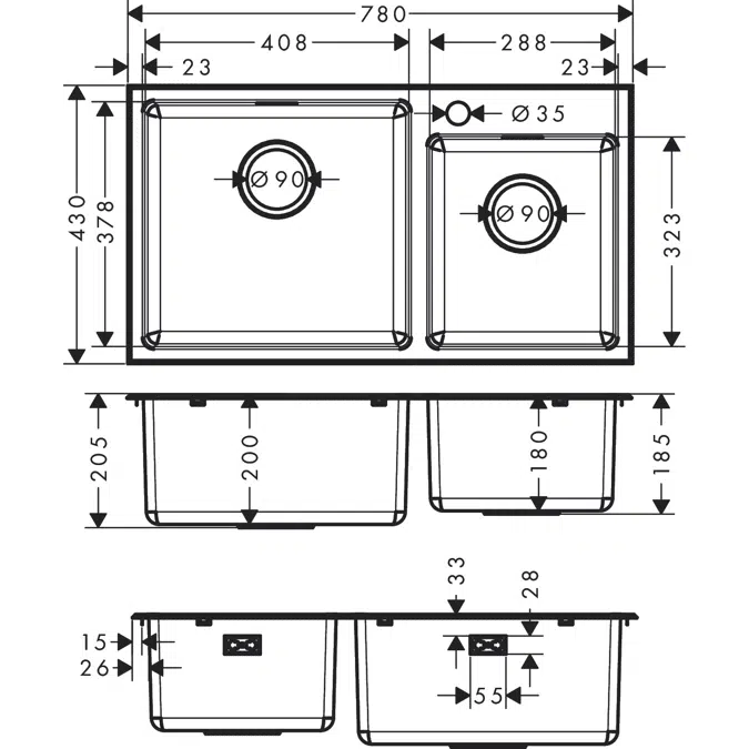 Built-in sink 410/290 1-hole incl. manual drain kit