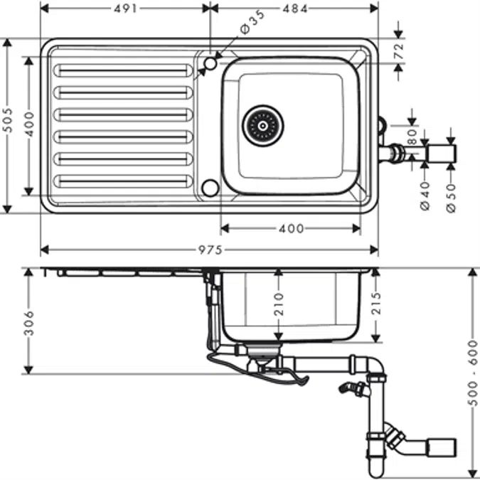 Built-in sink 400/400 with drainboard