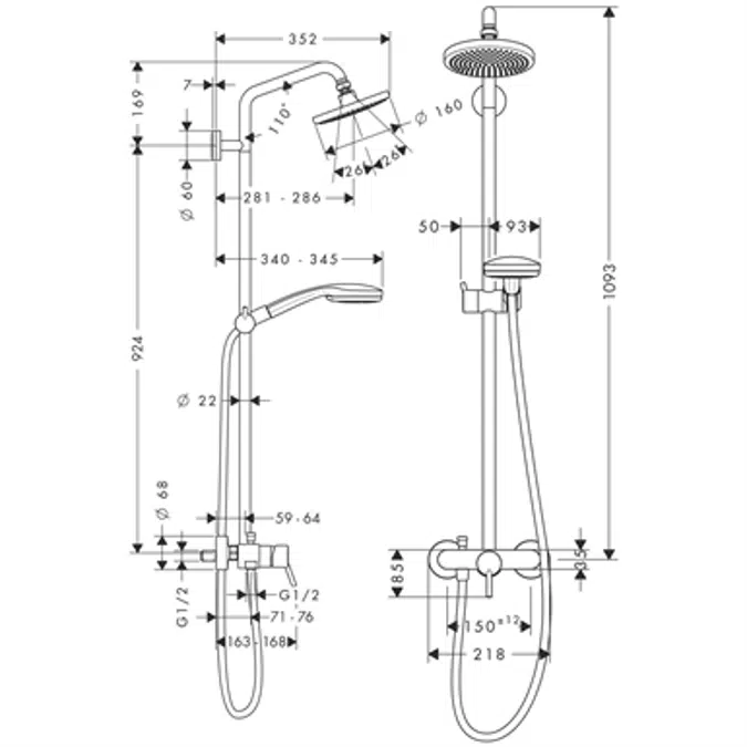 Croma Showerpipe 160 1jet with single lever mixer