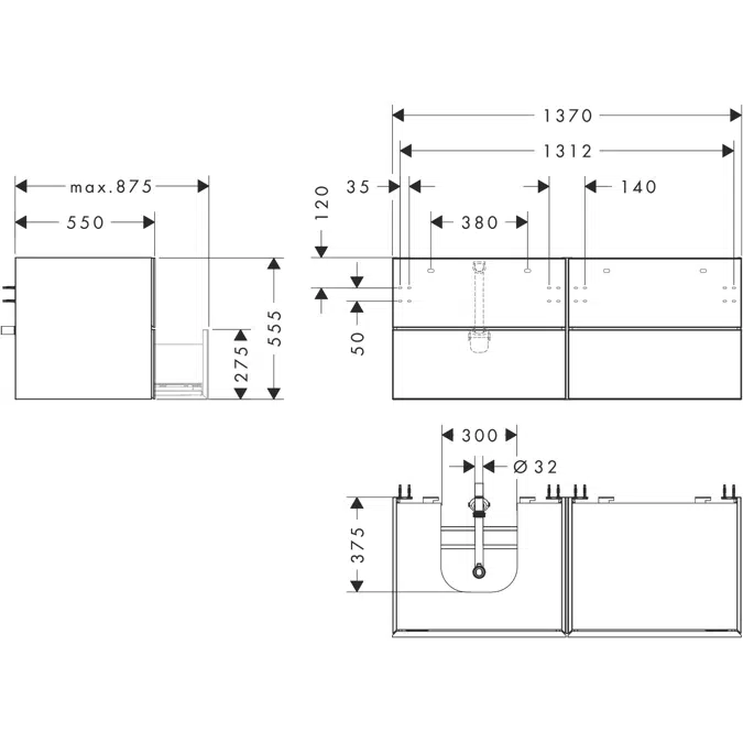 Xevolos E Vanity unit Matt White 1370/550 with 4 drawers for consoles with countertop basin ground left