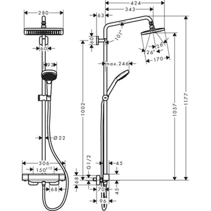 Croma E Showerpipe 280 1jet EcoSmart 9 l/min with thermostat
