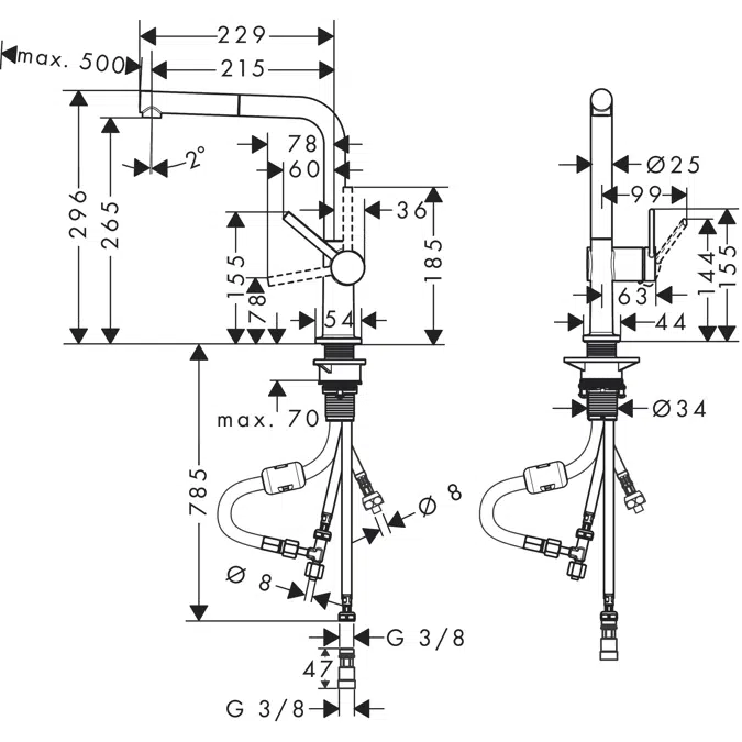 Talis M54 Single lever kitchen mixer 270, LowPressure/vented hot water cylinders, pull-out spout, 1jet