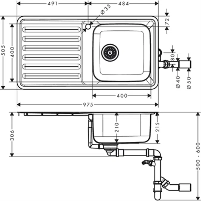 Built-in sink 400/400 with drainboard