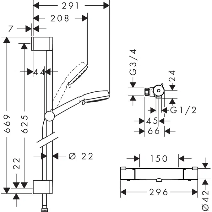 Ecostat Shower system for exposed installation Vario with Ecostat 1001 CL thermostat and shower bar 65 cm Nordic-DZR