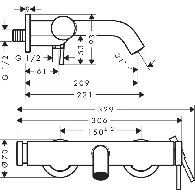 Tecturis S Single lever bath mixer for exposed installation