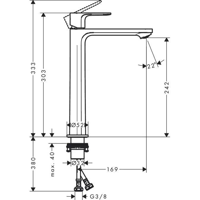 Rebris E Single lever basin mixer 240 for washbowls without waste set FIN