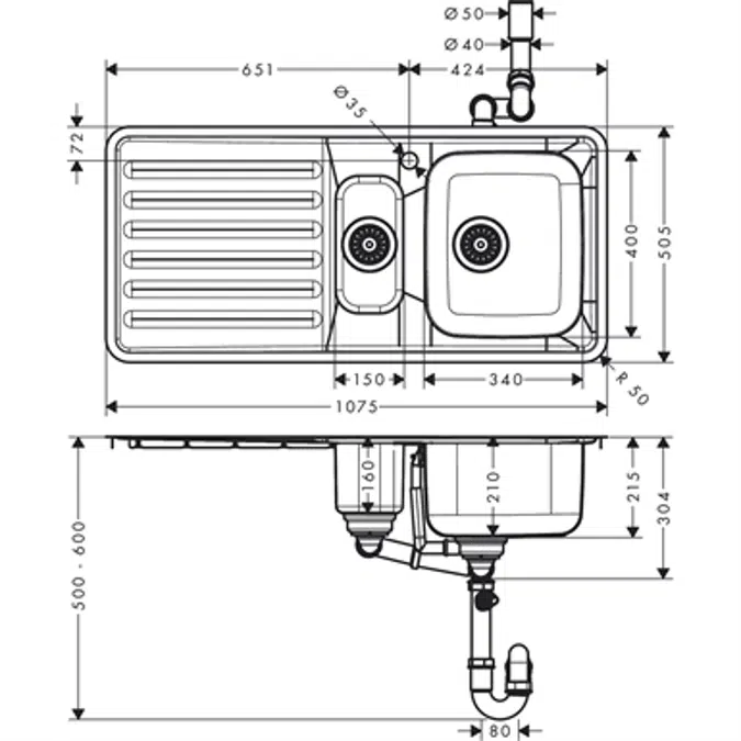 Built-in sink 340/150/400 with drainboard