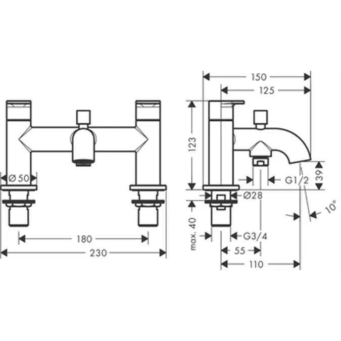Vernis Blend 2-hole rim mounted bath mixer with diverter valve and Vernis Blend hand shower Vario