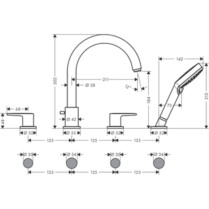 Vernis Blend 4-hole rim mounted bath mixer set
