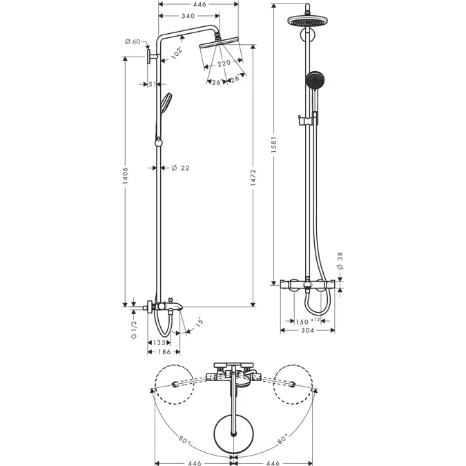 Croma Showerpipe 230 1jet with bath thermostat DZR