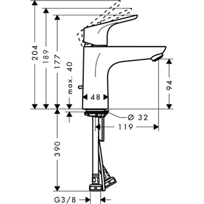 Focus Single lever basin mixer 100 with 2 flow rates with pop-up waste set