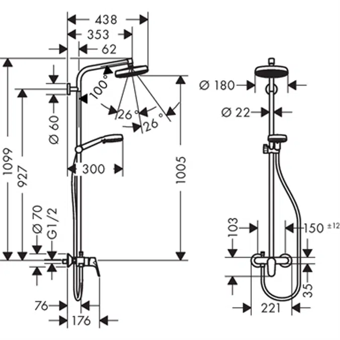 Crometta Showerpipe 160 1jet with single lever mixer