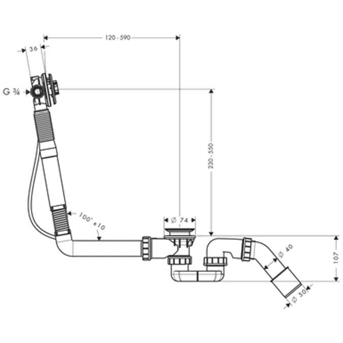 Exafill S Basic set bath filler, waste and overflow set for special bath tubs