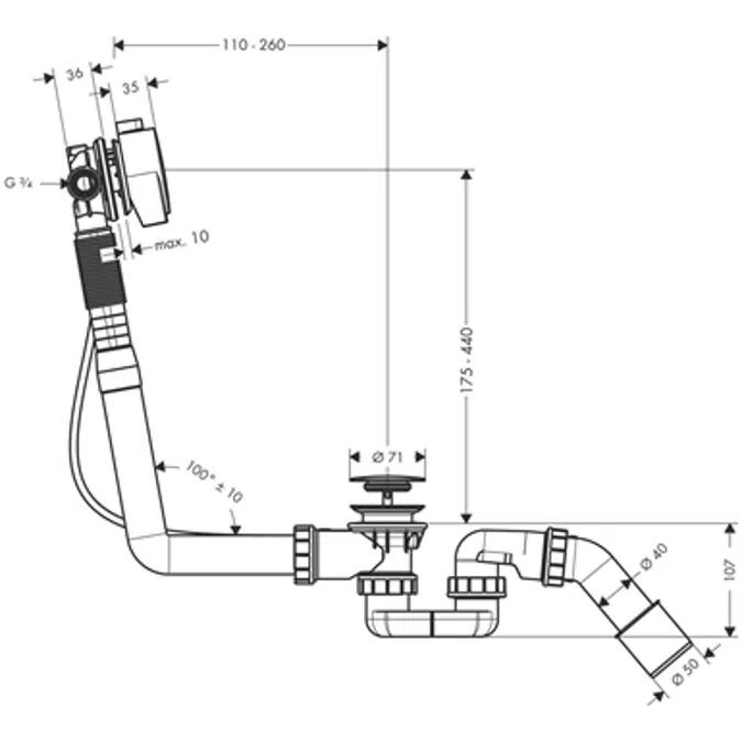 Exafill S Complete set bath filler, waste and overflow set for standard bath tubs